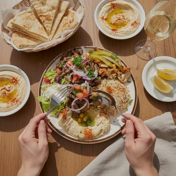 Hands eating a large platter of Mediterranean food with hummus, pita, and wine on a wooden table.