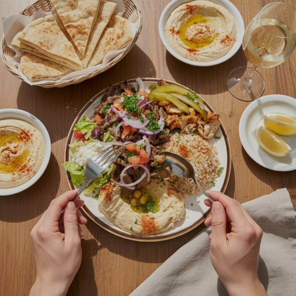 Hands eating a large platter of Mediterranean food with hummus, pita, and wine on a wooden table.