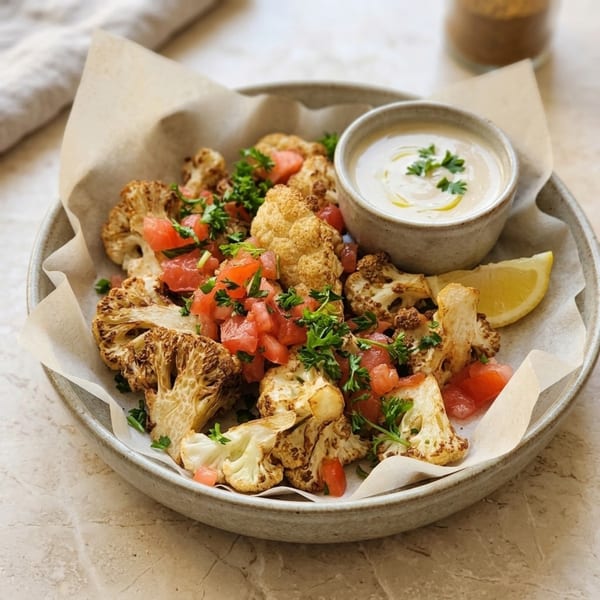 Roasted cauliflower florets topped with diced tomatoes and parsley, served with a side of tahini dip and lemon.
