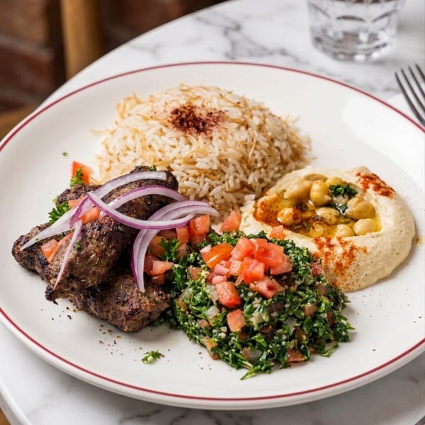 Grilled meat with red onions, rice, tabbouleh, and hummus with chickpeas on a white plate.