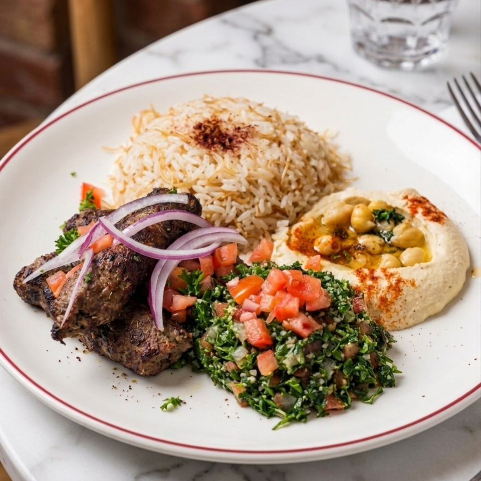 Grilled meat with red onions, rice, tabbouleh, and hummus with chickpeas on a white plate.